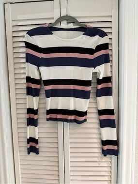 CALE Striped Ribbed Long-Sleeve Top in White, Navy & Pink
